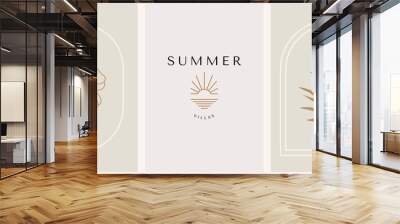 Abstract summer logo template with palm trees, flowers and sunrise. Modern minimal set of linear icons and emblems for social media, accommodation rental and travel services. Wall mural