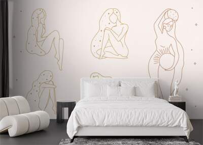 Set of logos in minimalistic linear style with beautiful esoteric female silhouette. For hairdressers, beauty salons, organic cosmetics, spas, prints, jewelry store. Wall mural