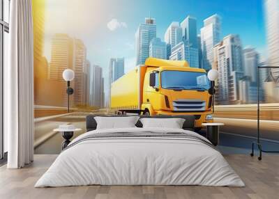 delivery truck driving in urban city. shipping, express shipment business background banner Wall mural