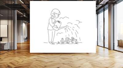 Doodle hand drawn illustration. The girl watering the flowers. Sketch collection. Wall mural