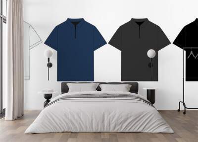 Drawing of a short sleeve polo shirt isolated on a white background. Sketch of a classic polo shirt with collar and button closure. A set of polo shirts in white, blue, gray and black. Wall mural