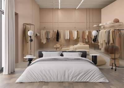 Elegantly designed retail space, a modern boutique with a new collection of clothes, combining modern colors and luxurious aesthetics in the interior of the store. Wall mural