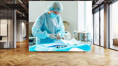 Female assistant near table with equipment prepating for laparoscopy operation. Real people models. Wall mural