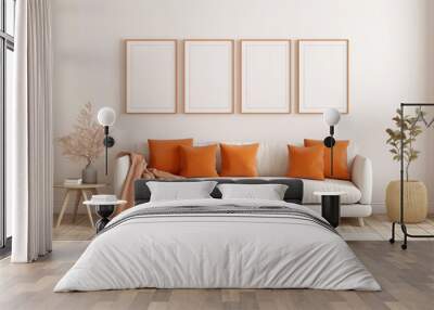 Four empty vertical picture frames in a modern living room with white sofa, orange pillows and plants. Wall art mockup set of 4 posters. Wall mural