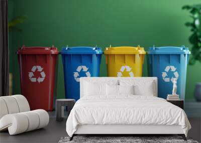 Four recycling bins are lined up on a table, each with a different color. The bins are arranged in a row, with the blue one on the left, the red one in the middle, and the yellow one on the right Wall mural