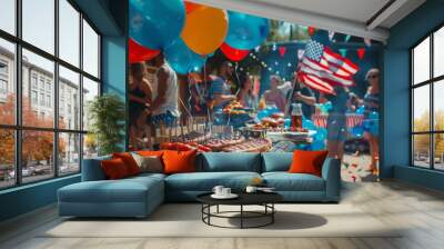 Fourth of July party with people around BBQ, USA flags and balloon decoration, people having fun at barbecue party Wall mural