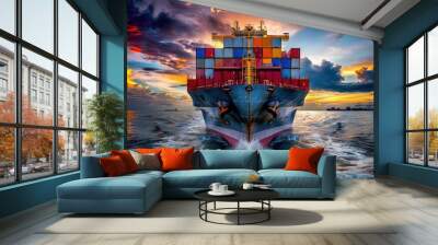 Freighter industrial container cargo ship, transcontinental transportation, international shipping Wall mural