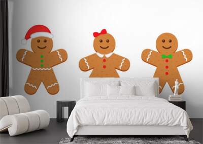 Gingerbread Christmas cookies. Three classic ginger bread man and woman figures. Noel holiday sweet dessert isolated on white background. Xmas cute biscuits. Vector illustration. Wall mural