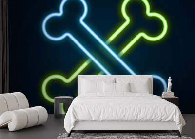 Glowing neon line Crossed bones icon isolated on black background. Pets food symbol. Happy Halloween party. Colorful outline concept. Vector Wall mural