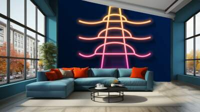 Glowing neon line Electric tower used to support an overhead power line icon isolated on black background. High voltage power pole line. Vector Wall mural