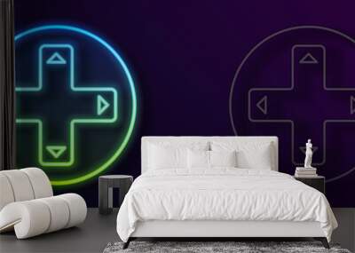 Glowing neon line Game controller or joystick for game console icon isolated on black background. Vector Wall mural