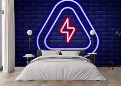 Glowing neon line High voltage sign icon isolated on brick wall background. Danger symbol. Arrow in triangle. Warning icon. Colorful outline concept. Vector Wall mural