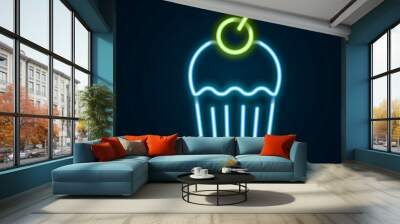 Glowing neon line Muffin icon isolated on black background. Colorful outline concept. Vector Wall mural