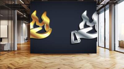 Gold and silver Hand holding a fire icon isolated on black background. Long shadow style. Vector Wall mural