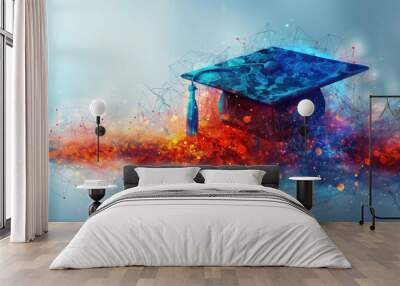 Graduation cap with abstract connecting lines, illustration Wall mural