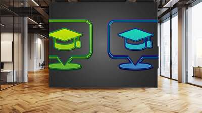 Green and blue Graduation cap in speech bubble icon isolated on black background. Graduation hat with tassel icon. Vector Wall mural