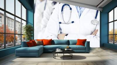 Group of modern doctors standing as a team with arms crossed in hospital office. Medical help, insurance in health care, best desease treatment and medicine concept Wall mural