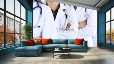 Group of modern doctors standing as a team with arms crossed in hospital office. Physicians ready to examine and help patients. Medical help, insurance in health care, best desease treatment and Wall mural