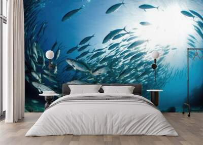 Group of wild sea fish in blue water. Generative ai. Wall mural