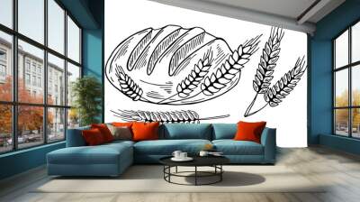 Hand drawing bread and spikelets. Black outline food illustration. Bakery line art drawing. Wall mural