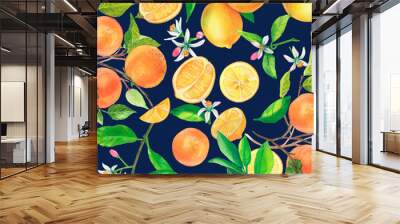 Hand drawn colorful seamless pattern of lemons leaves and white flowers. Citrus fruit background. Perfect for textile manufacturing wallpaper posters Wall mural