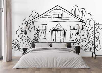 Hand drawn doodles cartoon house in the village. Black and white cute bulding line art vector illustration. Wall mural