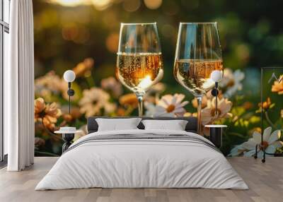 In a festive meadow, two wine glasses sparkle with champagne, celebrating romance. Wall mural