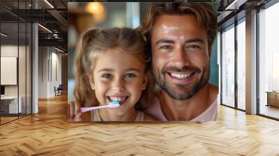 In a touching family portrait at home, a cheerful father and daughter practice their morning oral hygiene, radiating happiness and togetherness. Wall mural