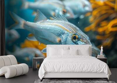 In the vivid aquatic world of an aquarium, colorful cichlid fish swim gracefully. Wall mural