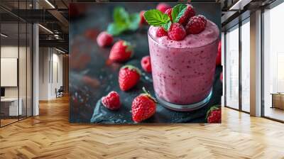 Indulge in a healthy berry yogurt shake, brimming with freshness and sweet flavors. Wall mural