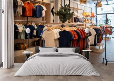 Inside a modern clothing store with a variety of fashionable children's clothing displayed for sale in a commercial setting. Wall mural