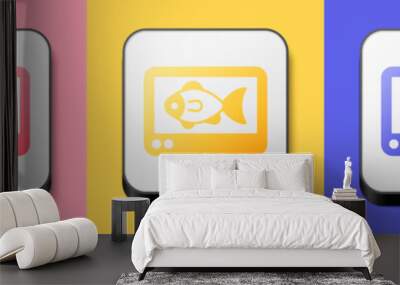 Isometric Fish finder echo sounder icon isolated on pink, yellow and blue background. Electronic equipment for fishing. Square button. Vector Wall mural