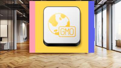 Isometric GMO icon isolated on pink, yellow and blue background. Genetically modified organism acronym. Dna food modification. Square button. Vector Wall mural