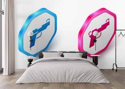 Isometric Pistol or gun icon isolated on white background. Police or military handgun. Small firearm. Hexagon button. Vector Wall mural