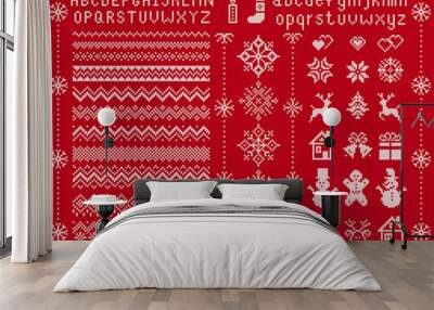 Knit font and xmas elements . Vector. Christmas seamless borders. Sweater pattern. Fairisle ornament with type, snowflake, deer, bell, tree, snowman, gift box. Knitted print. Red textured illustration Wall mural