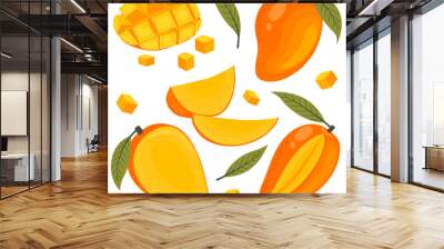 Mango set with whole fruits, half, slices and leaves. Vector illustration in a flat style on a white background. Wall mural