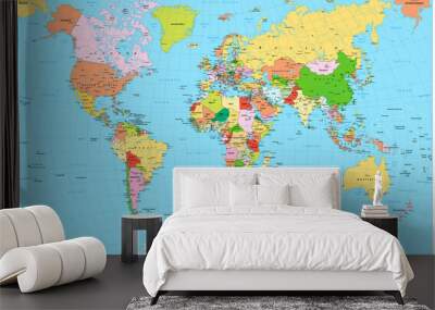 Large detailed political World Map with water objects Wall mural