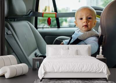 Little cute seriously baby child five month old fastened with security belt in safety car seat Wall mural