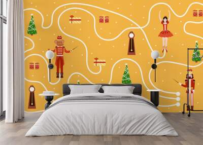 Christmas find way game for kids with nutcracker character and ballerina, mouse king and clock, xmas tree Wall mural