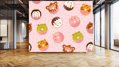 Cute colorful animal donuts seamless pattern for kids in cartoon style on pink background, tasty bakery ornament Wall mural