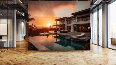 Luxurious beautiful villa with pool in the evening with sunset. Wall mural