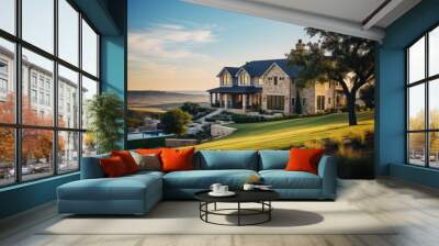 Luxurious suburban home with a pool, modern architecture, and scenic landscape in Texas, USA. Wall mural