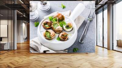 Bourgogne Escargot Snails with garlic herbs butter in white pan on light gray background. Healthy food concept. Wall mural