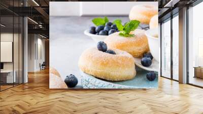 doughnuts with powdered sugar and fresh blueberries on light gray background. selective focus. copy  Wall mural