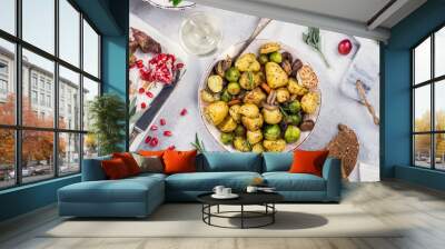 Flat lay of delicious dinner table with roasted meat steak, appetizers and desserts. Top view. Healthy food concept. Banner. Wall mural