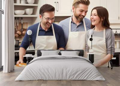 Middle aged European two handsome men and beautiful woman cooking the healthy dinner in modern kitchen and laughing, Generative AI Wall mural