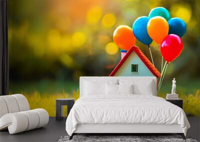 Miniature house with balloons on grass symbolizing new beginnings Wall mural