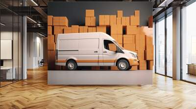 Minivan of the courier delivery service on the background of boxes. Generative AI Wall mural