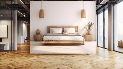 Modern beige bedroom with empty whate wall for mockups. Wooden double bed with pillows, cozy furniture. Room interior with copyspace. Wall mural