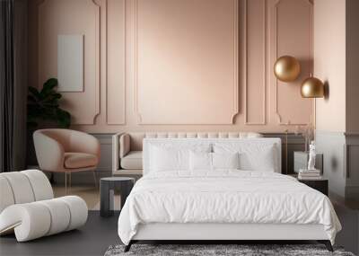 Modern cozy living room with monochrome blush pink and peach wall. Contemporary interior design with pastel wall color, armchair, geometric table. Generative AI. Wall mural